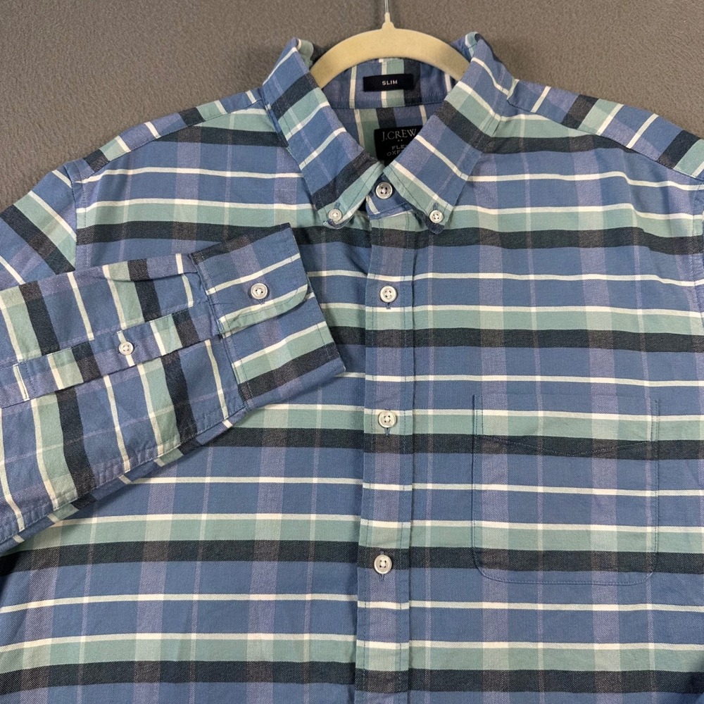 J.Crew Flex Oxford Slim Fit Plaid Button Down Shirt Mens Large Blue Green Cotton